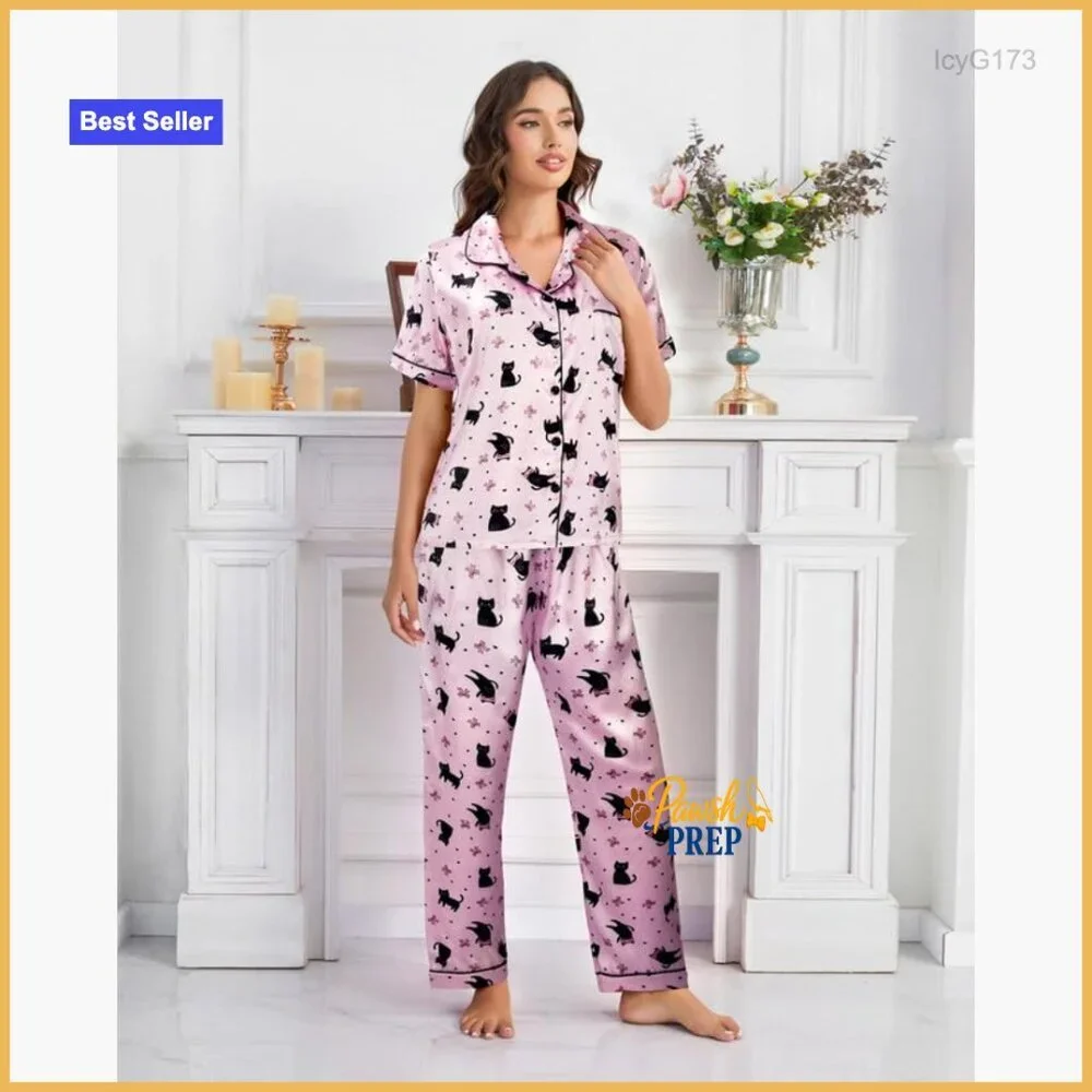 X-Small Satin Pajama Set Short Sleeve Button Down Matching Sleepwear
